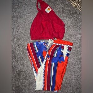 Farm Rio Macaw Red White Blue Scarf Pants and Crop Top Shirt 2 piece Set XS